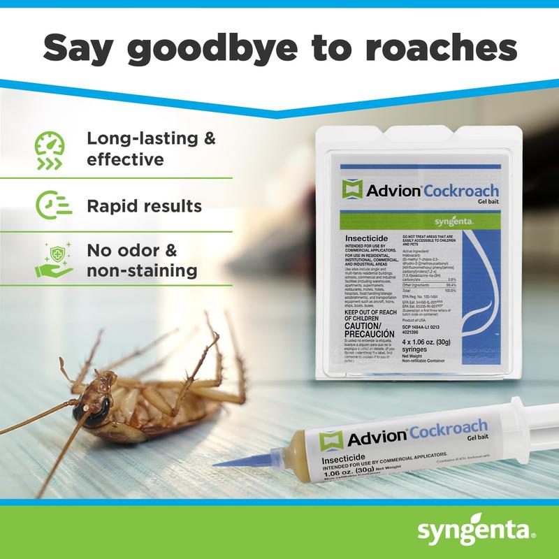 Advion Cockroach Gel Bait, 4 Tubes X 30-Grams, 1 Plunger and 2 Tips, German Roach Insect Pest Control, Indoor and Outdoor Use, Roach Killer Gel for American, German and Other Major Cockroach Species Syngenta