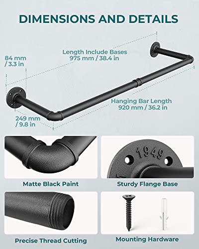 Industrial Pipe Clothes Rack Wall Mounted Set of 2 - 38.4 Inches Heavy Duty Iron Pipe Clothing Garment Rail, Multi-Purpose Hanging Rod for Laundry Room and Closet Storage, Black Hangable