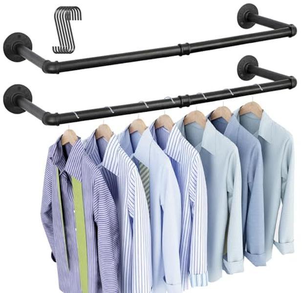 Industrial Pipe Clothes Rack Wall Mounted Set of 2 - 38.4 Inches Heavy Duty Iron Pipe Clothing Garment Rail, Multi-Purpose Hanging Rod for Laundry Room and Closet Storage, Black Hangable