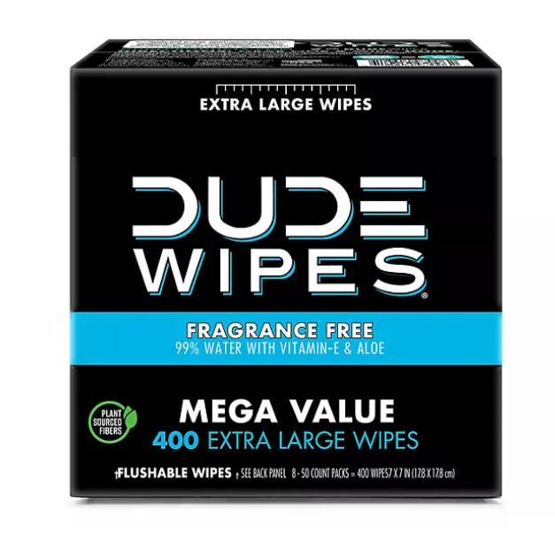 DUDE WIPES XL Flushable Wipes,Extra Large Fragrance Free Wipes 8 ct., 400 wipes Toilet Napkin