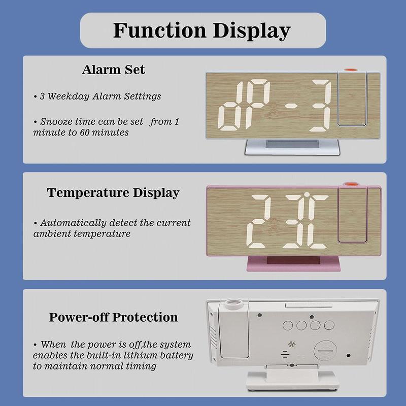 Bamboo Pattern LED Projection Alarm Clock, 1 Count Battery Powered 12 24 Hour Clock with Date & Temperature Display, Home Decor for Bedroom Living Room