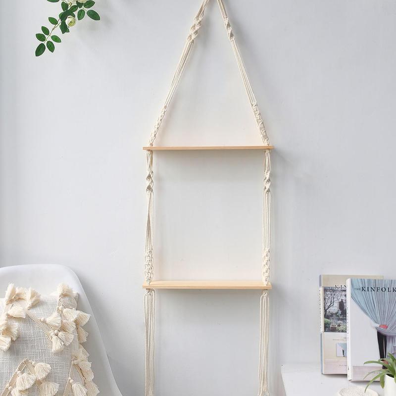 1 Count Wooden Wall Hanging Shelf, Boho Style Tassel Decor Hanging Rack, Floating Shelves for Home Bedroom Living Room Decor