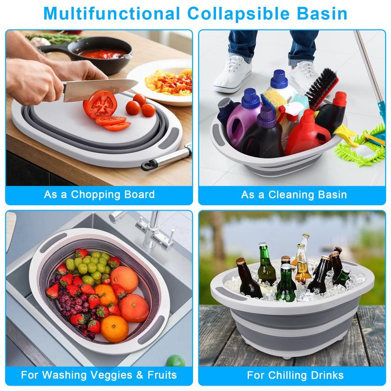 2 in 1 Dishpan + Cutting Board Collapsible Wash Basin, 7.5L Dish Tub Sink Basin Folding. Portable Sink Dish Basin for Camping Fruit Kitchen Utensils