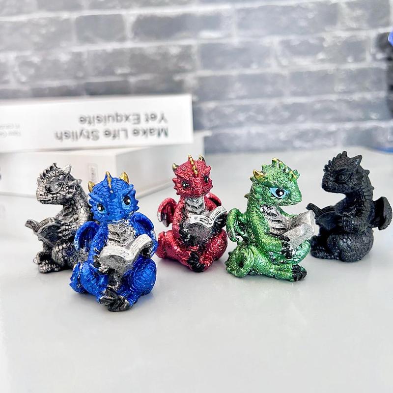 Cute Dragon of Reading Design Resin Ornament, 5 Counts Mini Dragon Statue, Evil Collectible Medieval Fantasy Statue Decoration, Home Decor