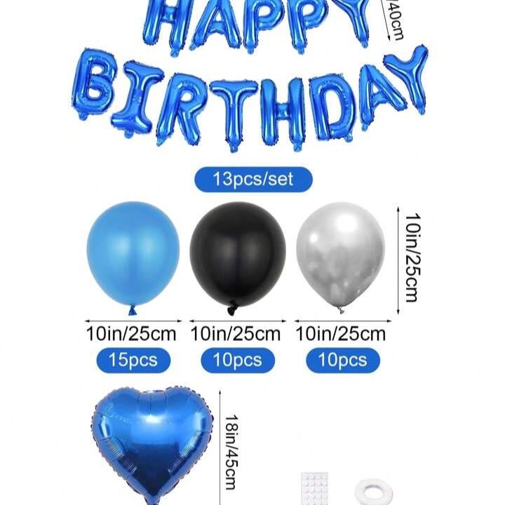 52pcs Blue Birthday Party Decoration Kit with 'Happy Birthday' Banner, Latex Balloons, Heart-Shaped Foil Balloons, Glue Dots, and White Ribbon