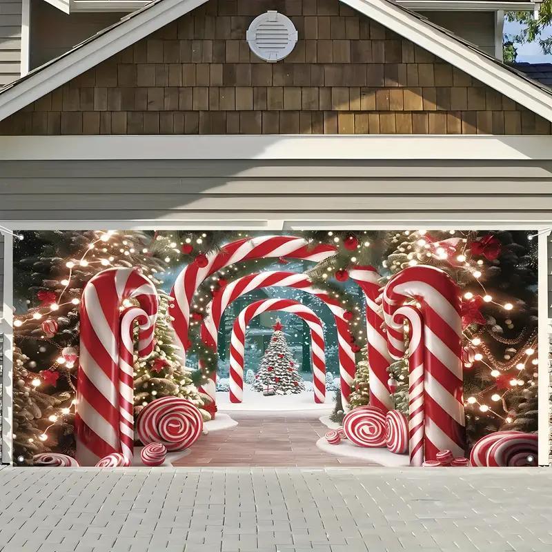 Christmas Themed Garage Door Cover, Candy Cane Pattern Garage Door Banner, Outdoor Holiday Decoration for Home, Party, Festival