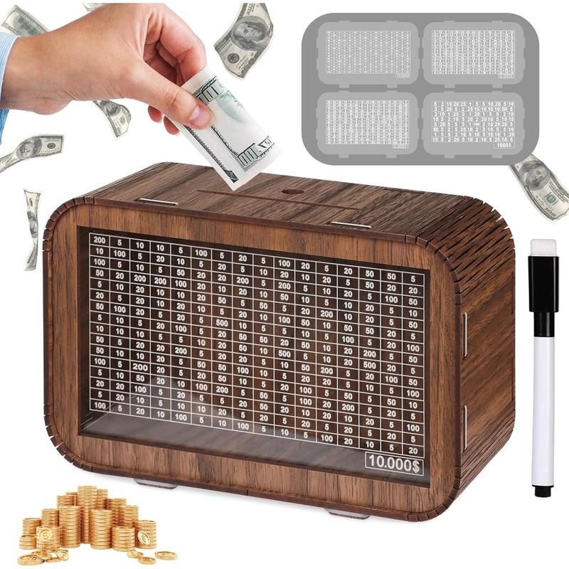 4-in-1 Piggy Bank for Adults  - Fully Assembled Wooden Money Saving Challenge Box($1000 $3000 $5000 $10000) - Money Bank with Counter and Dry Erase Pen - Kakeibo Money Box for Cash Coin - BestGift