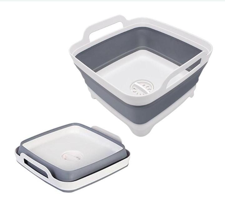 2.4 Gal (9L) Foldable Dish Basin with Drain Plug – Space-Saving, Multi-Use Sink Tub for Camping, Kitchen, or Vegetable Washing – Versatile Plastic Basin for Dishes or Beverages