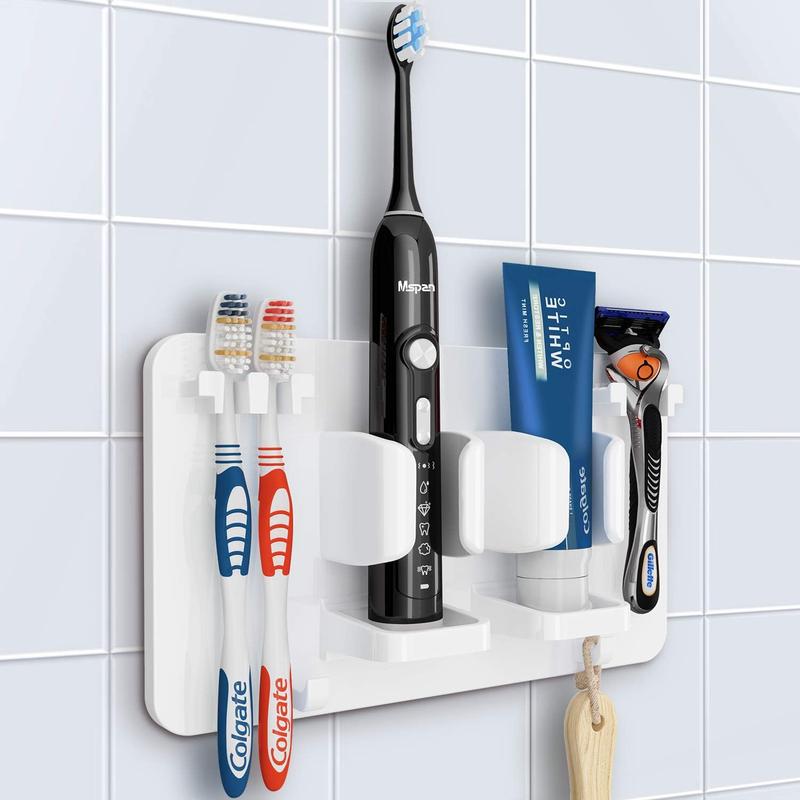 Toothbrush Razor Holder for Shower: Wall Mounted Tooth Brush Organizer - Self Adhesive Hanging Mount for Bathroom Toothpaste Shaver Loofah & Electric Toothbrush