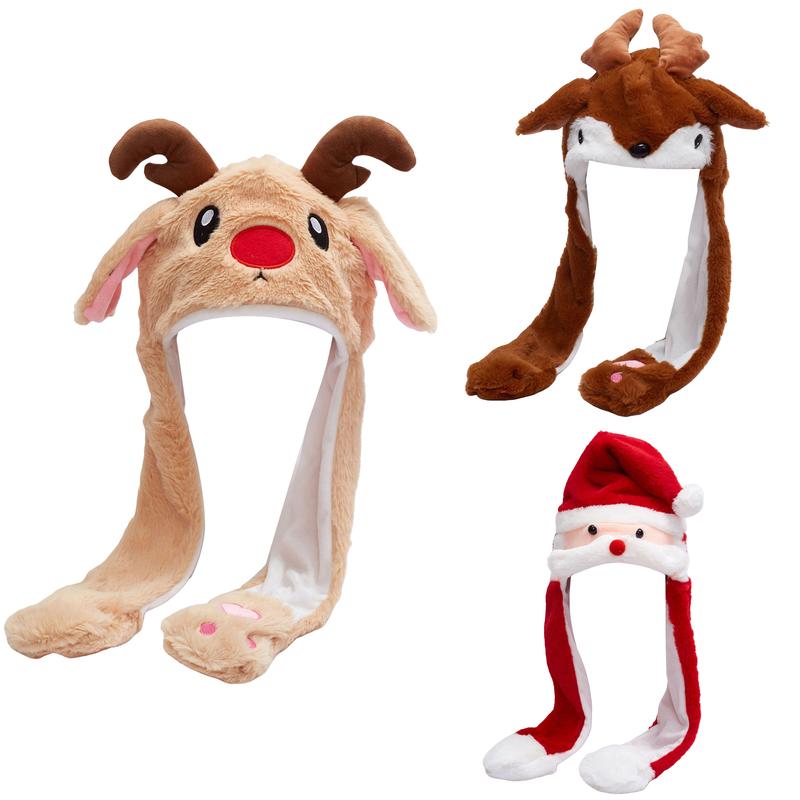 Cute Christmas Reindeer Hat with Moving Ears, Plush Flap Hat with Paw, Jumping Beating Hat for Boys Girls Gift