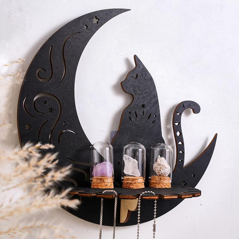 Moon & Cat & Geometric Design Wall Mounted Storage Rack, Wooden Wall Hanging Display Rack for Room Decor, Wall Decor Storage Holder for Home Living Room Bedroom, Room Accessories