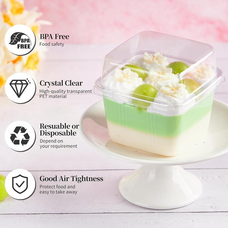 50 Pack 8 oz Plastic Dessert Cups with Lids and Sporks, Clear Square Cake Cups Dessert Containers for Pudding Parfait Fruit Yogurt and Shortcake