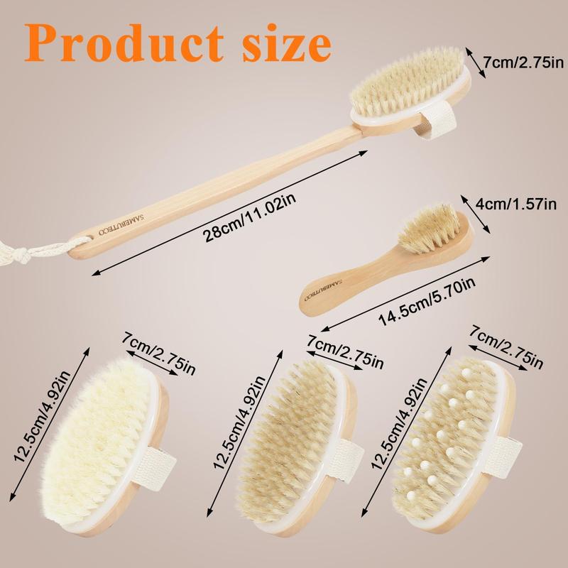 Long Handle Dry Brush Set with 3 Detachable Heads, Boar Bristle Exfoliator for Lymphatic Drainage and Cellulite, Shower Scrubber Brush.