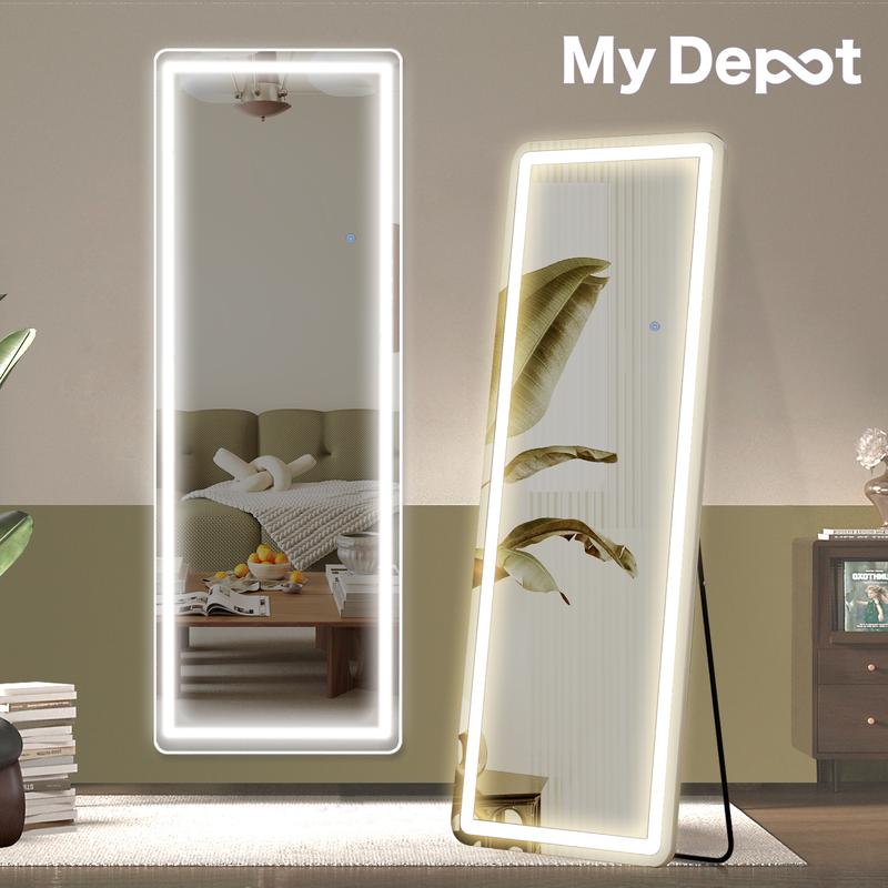 Mirror Full Length Standing with LED Lights, Lighted Floor Mirror, w Dimming & 3 Color Lighting, Wall Mirror Full Length Aluminum Alloy Thin Frame