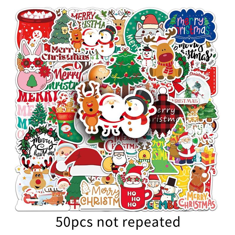 Christmas Themed Sticker, 50pcs set Waterproof Self Adhesive Decor Paper, Decor Sticker For Gift Greeting Card Water Bottle Laptop Phone, Christmas Gift