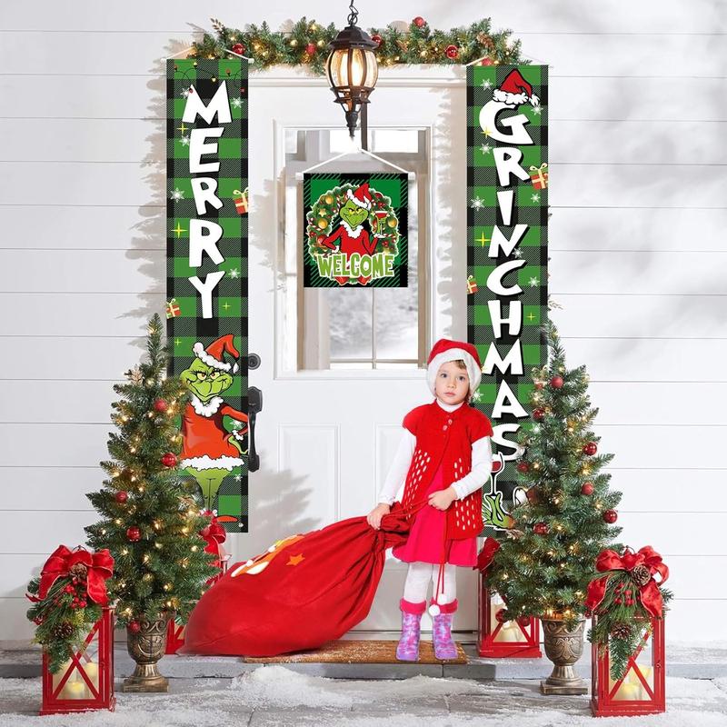 Grinchs Christmas Decorations, Christmas Decorations Outdoor Front Porch Door Sign Set - 3  Green MERRY GRINCHMAS Banner - Indoor Outdoor Xmas Decor Wall Front Door Yard