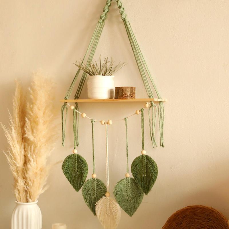 Boho Style Leaf Design Hanging Decor, Tassel Decor Wall Hanging, Wall Decor Shelf for Home Living Room Bedroom