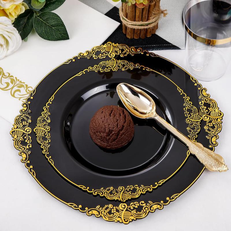 Nervure 350PCS Black and Gold Plastic Plates - Black Plastic Dinnerware Sets for 50 Guests - 100 Black Disposable Plates, 150 Gold Plastic Silverware, 50 Cups, 50 Napkins for Wedding & Party