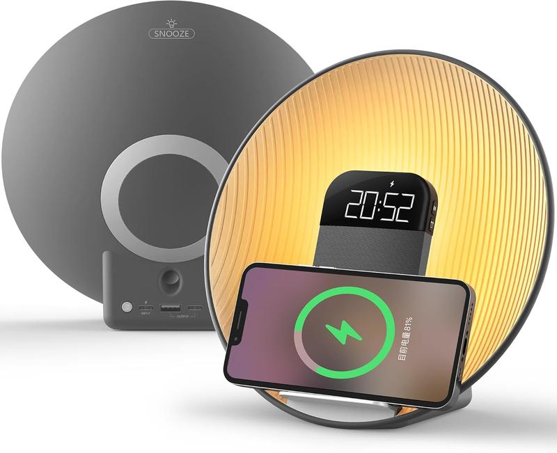 Sunrise Alarm Clock Wireless Charging Alarm with Bluetooth Speaker, Wake Up Light, Snooze Mode Sunset Alarm Clock for Heavy Sleepers Adults Sound Machine Bedroom Bedside Lamp,Ideal Gift (Grey)