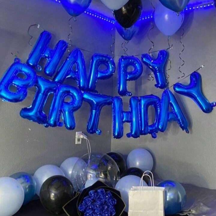 52pcs Blue Birthday Party Decoration Kit with 'Happy Birthday' Banner, Latex Balloons, Heart-Shaped Foil Balloons, Glue Dots, and White Ribbon