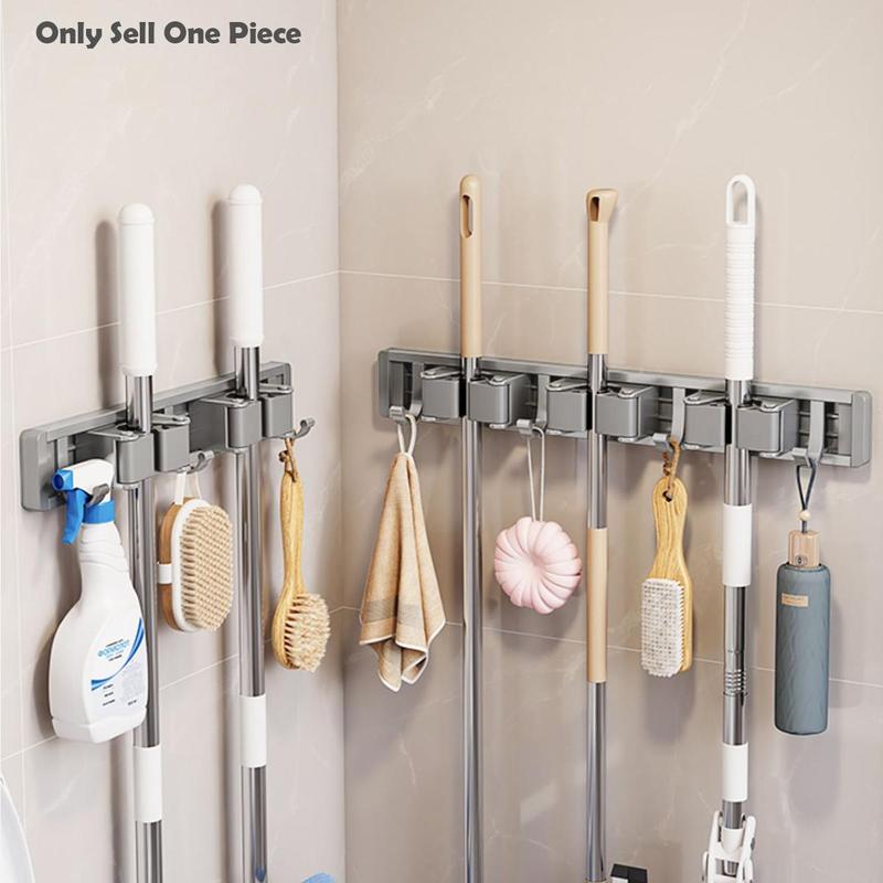 Wall Mounted Bathroom Broom Holder, Punch-free Bathroom Storage Rack, Multifunctional Storage Rack for Toilet Brush, Towel, Cleaning Cloth, Bathroom Accessories