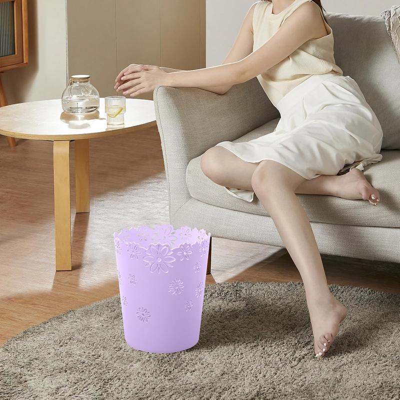 Mini Wastebasket Purple Trash Can Garbage can for Bedroom Wastebasket Hollow Flower Shape Plastic Lidless Wastepaper Baskets Trash Can Bedroom Small Trash Can Kitchen Round Kitchen Round Bin Bin