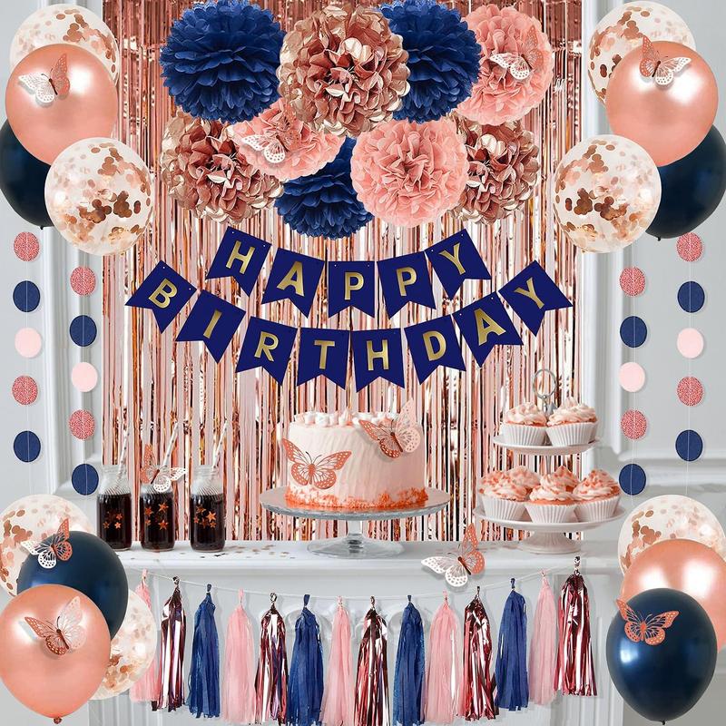 Rose Gold and Navy Blue Birthday Party Decorations for Women with Happy Birthday Banner,Curtains, Butterfly Wall,Circle Dots Garland,Tissue Pompoms,Paper Tassels Garland Birthday for Her (blue)