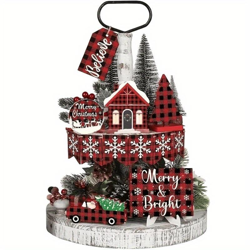 Christmas Themed Wooden Tiered Tray Decorative Ornament, 13pcs set Christmas Desktop Decoration, Festive & Party Supplies