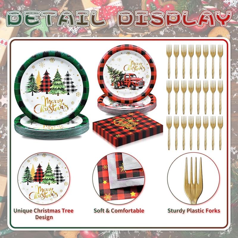 96 Pieces Merry Christmas Disposable Tableware Set - Red and Green Buffalo Plaid Christmas Party Supplies with Paper Plates, Napkins, Forks for Holiday Celebrations, Winter Favors, and Rustic Decor Plastic Pack