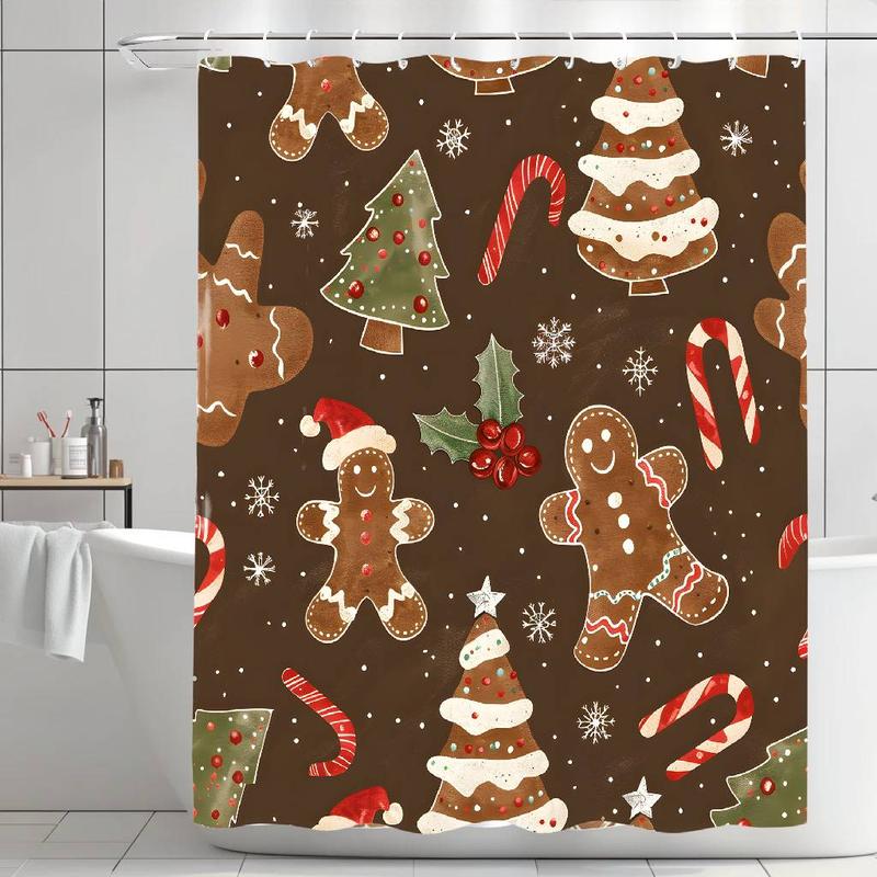 Christmas Themed Shower Curtain Decoration, 1 Count Gingerbread & Christmas Tree Pattern Bathroom Curtain with 12 Hooks, Bathroom Decor Supplies for Home Hotel Salon Dormitory