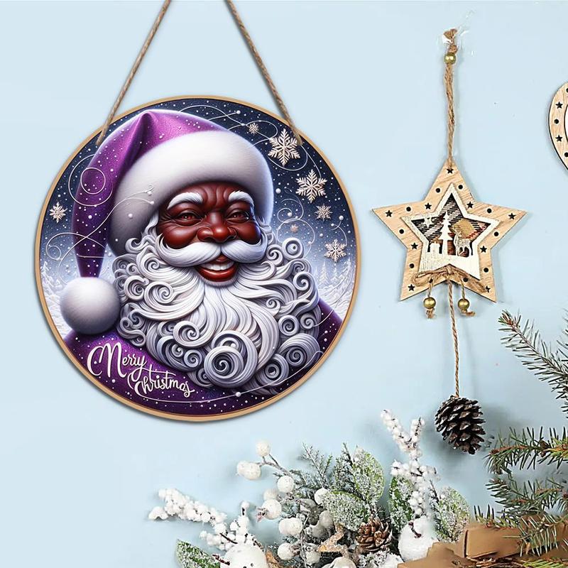 Wooden Round Christmas Decoration without Wreath, 1 Count Santa Claus Pattern Hanging Ornament, Garden Decoration, Home Decor for Living Room Bedroom