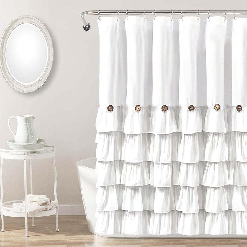 Solid Color Ruffle Trim Shower Curtain, Woven Layered Ruffle Design Shower Curtain with Natural Button Accents, Machine Washable Polyester Bath Curtain, Bathroom Decor, Bathroom Accessories