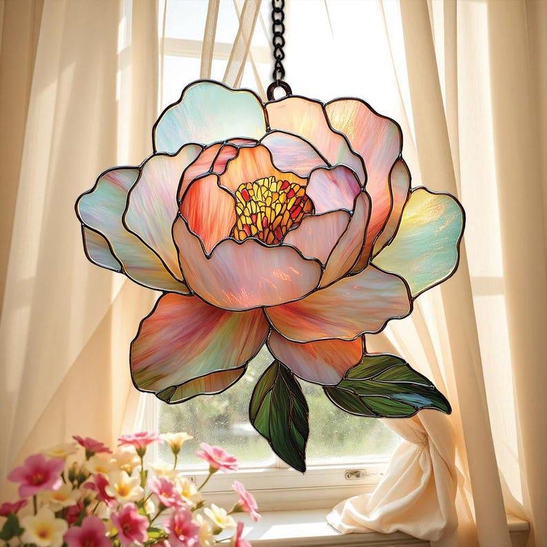 Peony Acrylic Suncatcher Birth Flower Faux Stained Glass Suncatcher Flower Window Hanging Birth Flower Birthday Gift Christmas Gift for Her, Bookish Home Decoration