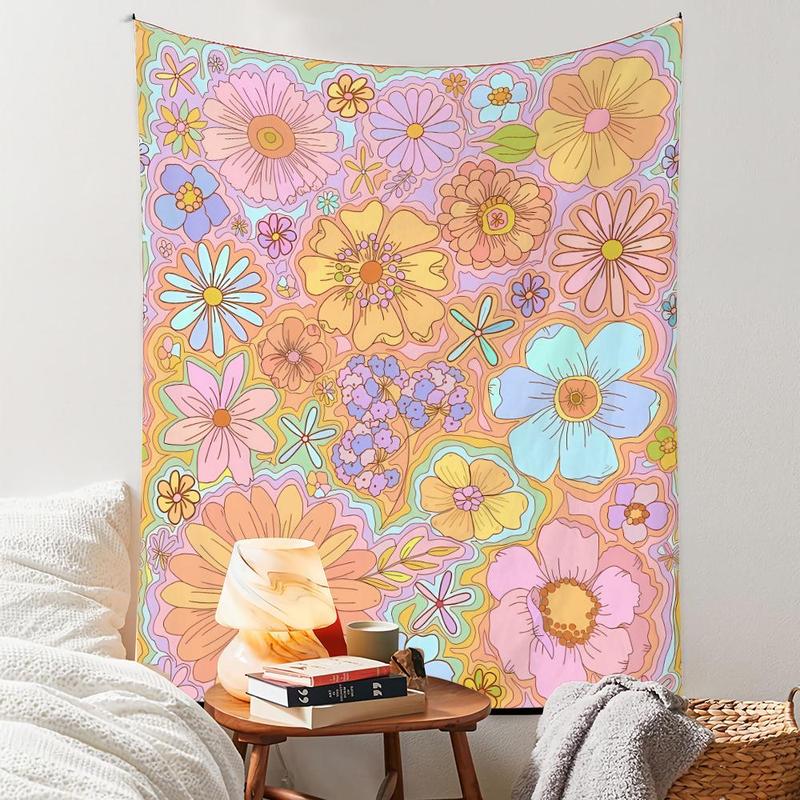 Floral Pattern Tapestry, Wall Hanging Tapestry, Cartoon Art Flower Decoration Background Cloth for Home Living Room Bedroom