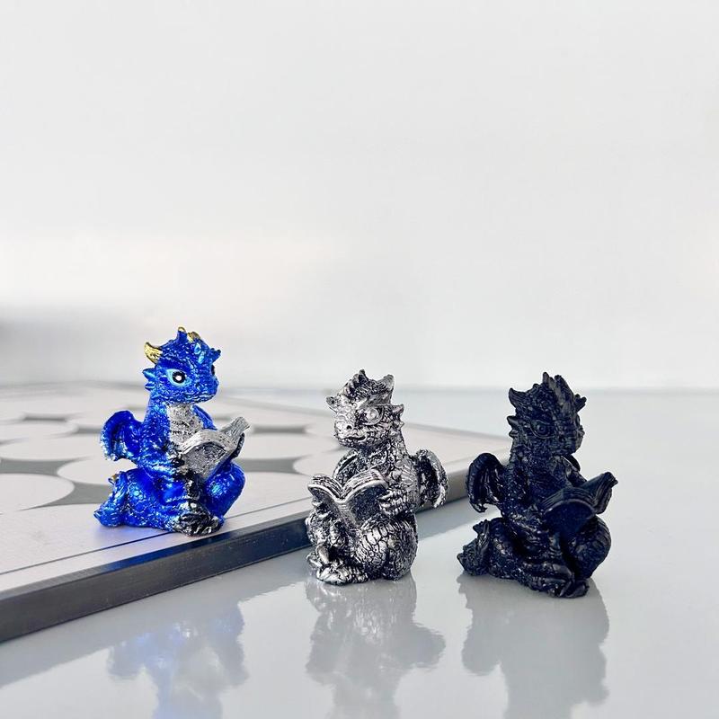 Cute Dragon of Reading Design Resin Ornament, 5 Counts Mini Dragon Statue, Evil Collectible Medieval Fantasy Statue Decoration, Home Decor