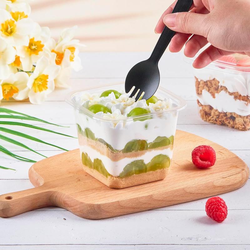 50 Pack 8 oz Plastic Dessert Cups with Lids and Sporks, Clear Square Cake Cups Dessert Containers for Pudding Parfait Fruit Yogurt and Shortcake