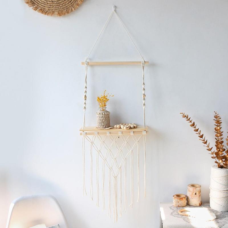 1 Count Wooden Wall Hanging Shelf, Boho Style Tassel Decor Hanging Rack, Floating Shelves for Home Bedroom Living Room Decor