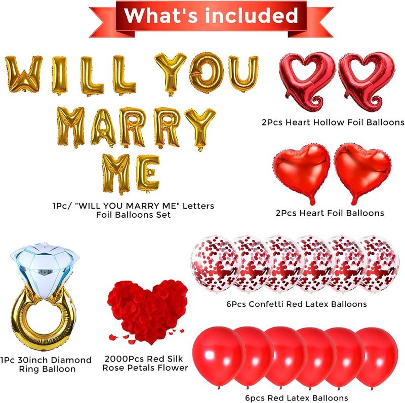 Will You Marry Me Decorations Balloon   Wedding Proposal Decorations Idea  Will You Marry Me Sign Banner   Ring Engagement Balloon  Rose Petals Heart Shaped Balloons for Valentines