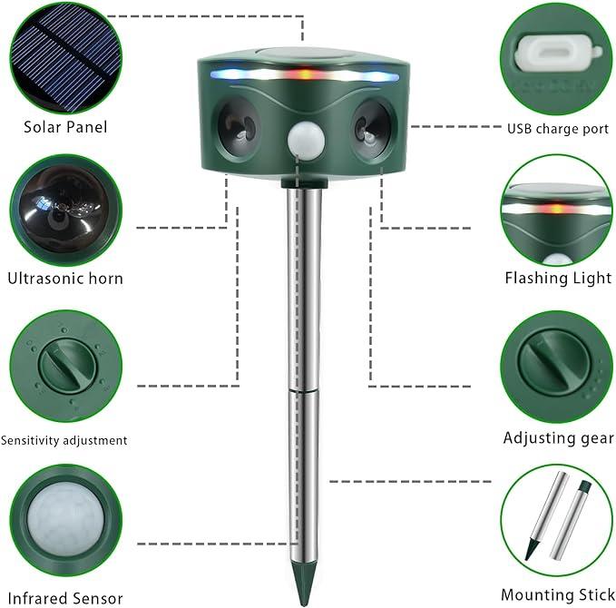 Ultrasonic Solar Animal Repeller Outdoor with Motion Sensor, Deer Dog Squirrel Skunk Cat Repellent Devices