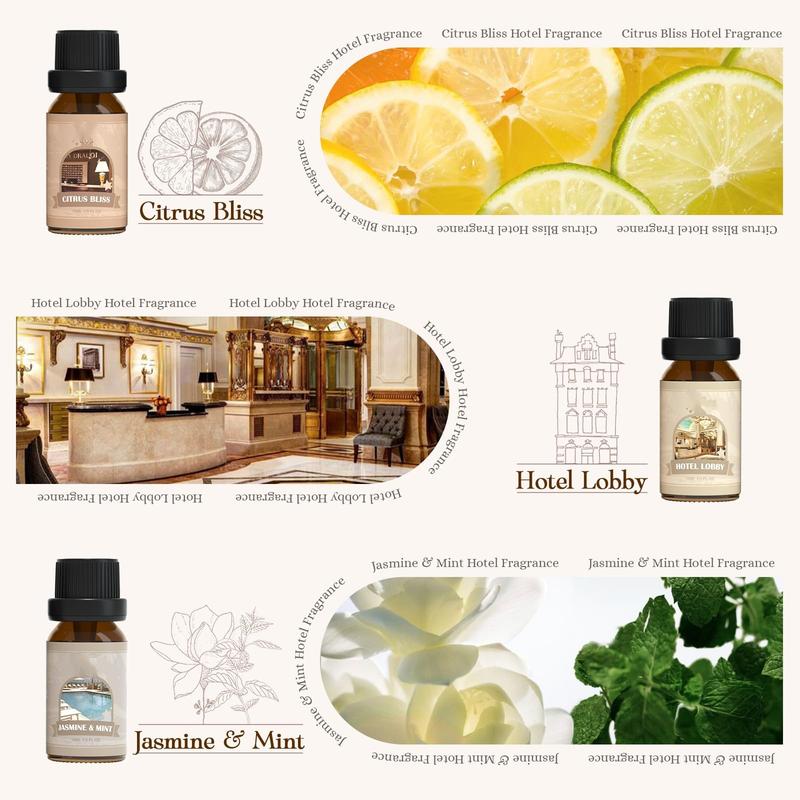 Hotel Fragrance Oil Set - A luxury essential oil set suitable for use in diffusers, candle making, and soap making. Freshener