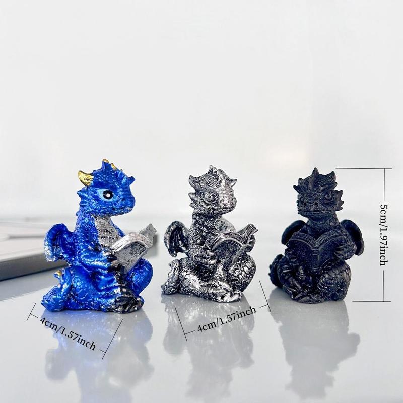 Cute Dragon of Reading Design Resin Ornament, 5 Counts Mini Dragon Statue, Evil Collectible Medieval Fantasy Statue Decoration, Home Decor