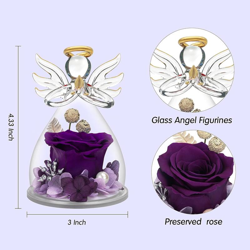 Preserved Flower Rose Gifts in Glass Angel Figurines,Birthday Gifts for Women,Angel Rose Gifts for Her,Christmas Rose Gifts for Mom Mothers Grandma,Real Flowers Purple Gift,Thanksgiving Gifts Decor Decorative Decor Decorative