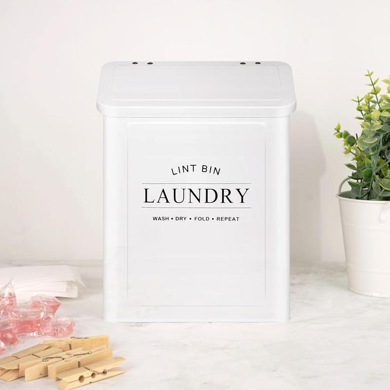 Magnetic Lint Bin for Laundry Room, 1 Count Modern Farmhouse Lint Bin & Accessories with Lid, Wall Mount Space Saving Washer & Dryer Trash Can