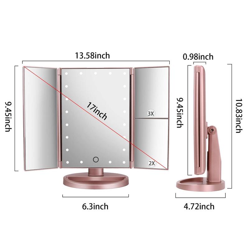 Dresser Mount Tri-Fold Lighted Vanity Mirror with 21 LED Lights, Touch Screen and 3X 2X 1X Magnification, Two Power Supply Modes Make Up Mirror