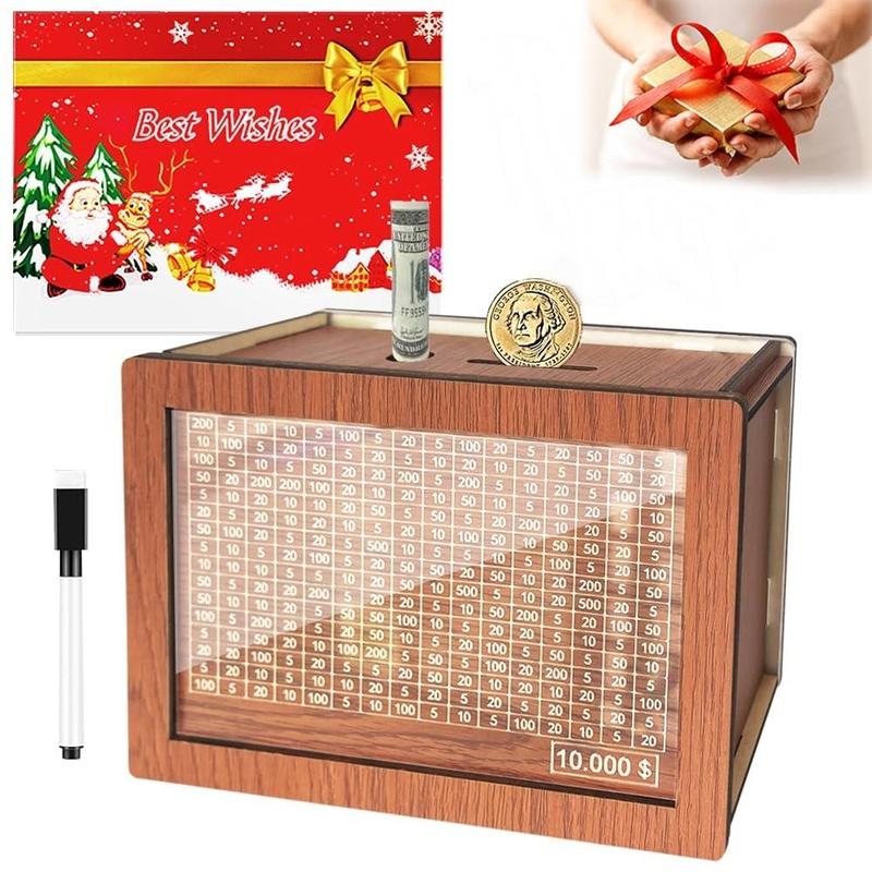 Wooden Cash Saving Box, Cash Saving Challenge Box, Money Saving Box, Desk Ornaments Money Jar for Room Decor, Christmas Gift, Summer Gift Ideas, Summer Essentials, Bedroom Decorative Accessories