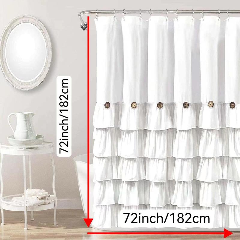 Solid Color Ruffle Trim Shower Curtain, Woven Layered Ruffle Design Shower Curtain with Natural Button Accents, Machine Washable Polyester Bath Curtain, Bathroom Decor, Bathroom Accessories