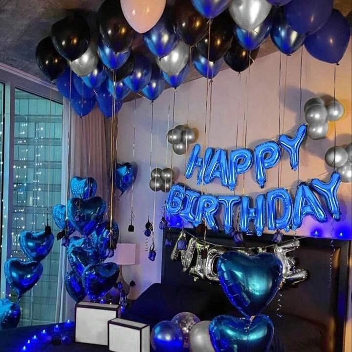 52pcs Blue Birthday Party Decoration Kit with 'Happy Birthday' Banner, Latex Balloons, Heart-Shaped Foil Balloons, Glue Dots, and White Ribbon