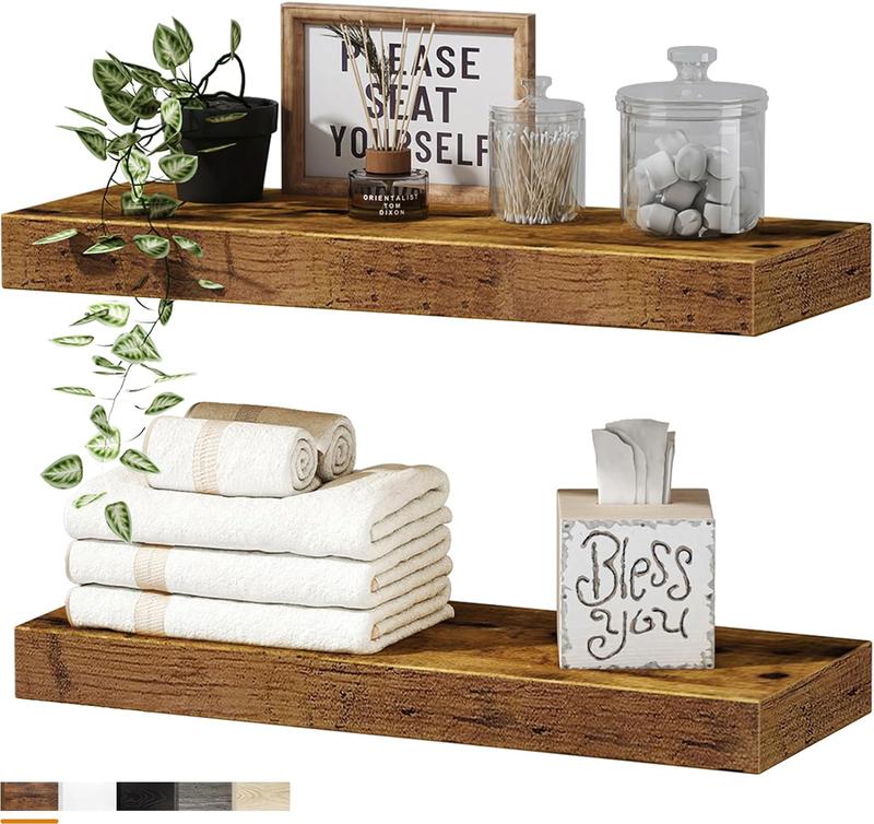 Bathroom Shelves Floating Shelves for Wall Shelf Over Toilet Small Wall Mounted Farmhouse Decor 16 inch Set of 2, Rustic Brown (008-40BN) Wooden