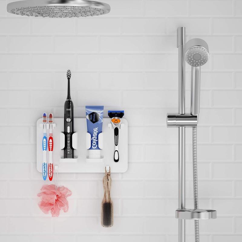 Toothbrush Razor Holder for Shower: Wall Mounted Tooth Brush Organizer - Self Adhesive Hanging Mount for Bathroom Toothpaste Shaver Loofah & Electric Toothbrush