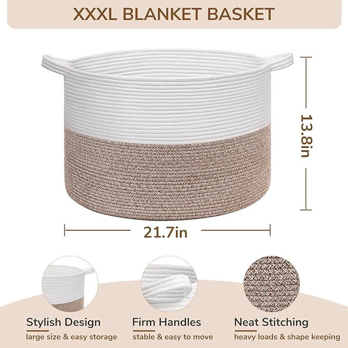 INDRESSME XXXLarge Cotton Rope Blue  Woven Basket Laundry Blanket Basket Toy Basket with Handle Storage Comforter Cushions Thread Laundry Hamper Organiser